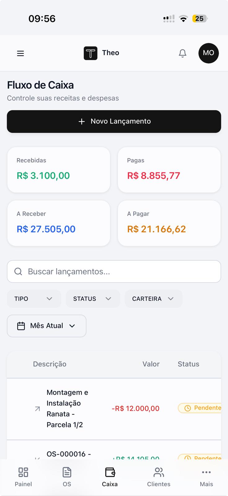 Tela de fluxo de caixa do Theo no celular, com recebidas, pagas, a receber e a pagar